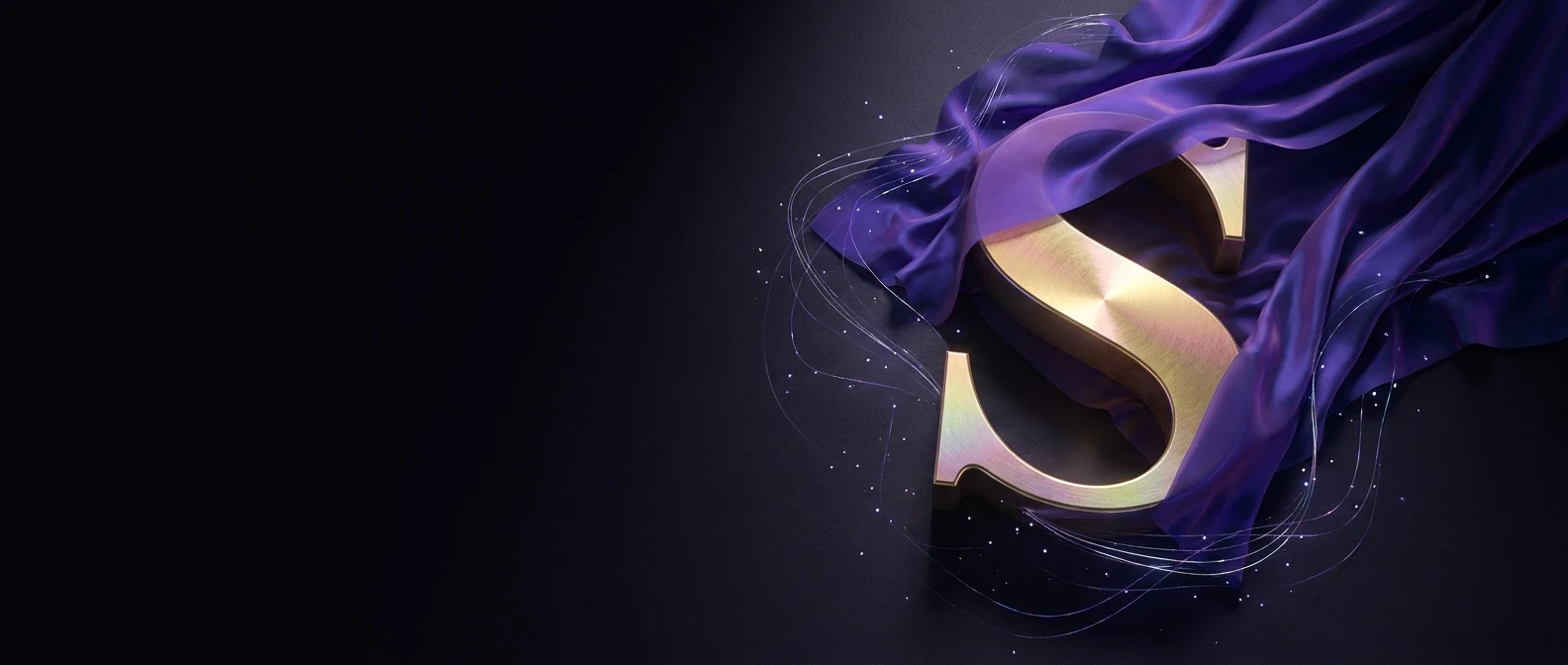 A golden letter 'S' emerges from flowing purple fabric with sparkling light effects, representing artificial intelligence.